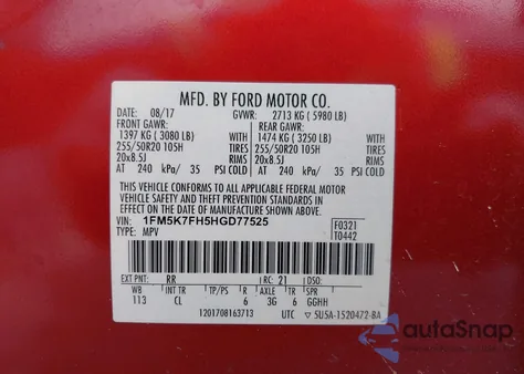 2017 Ford Explorer Limited из США, поврежденный, VIN 1FM5K7FH5HGD77525